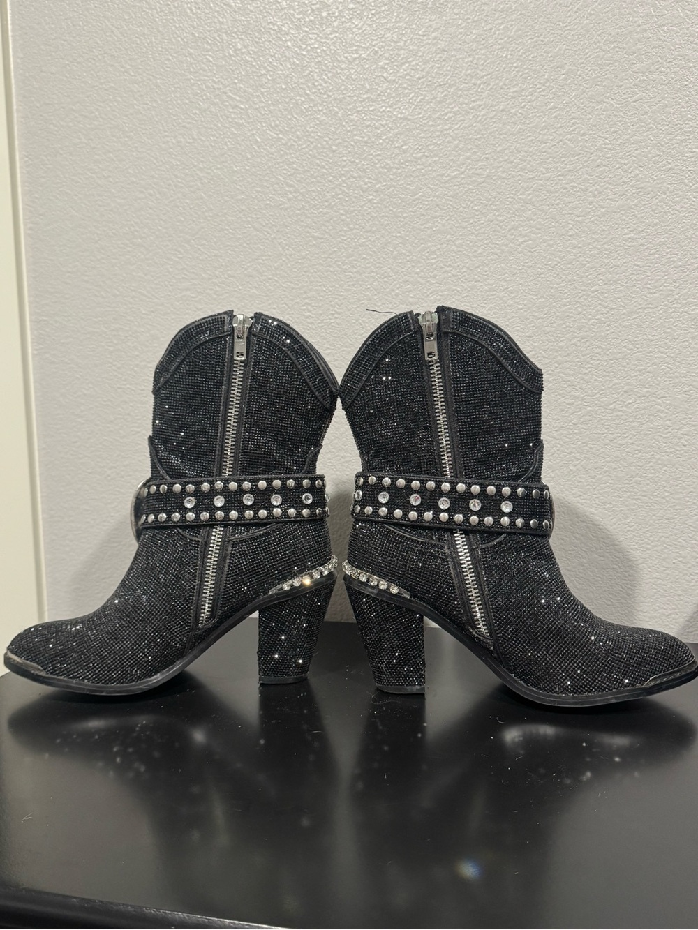 Dolls Kill Black Glitter Western Ankle Boots with Studded Buckle - Picture 5 of 10